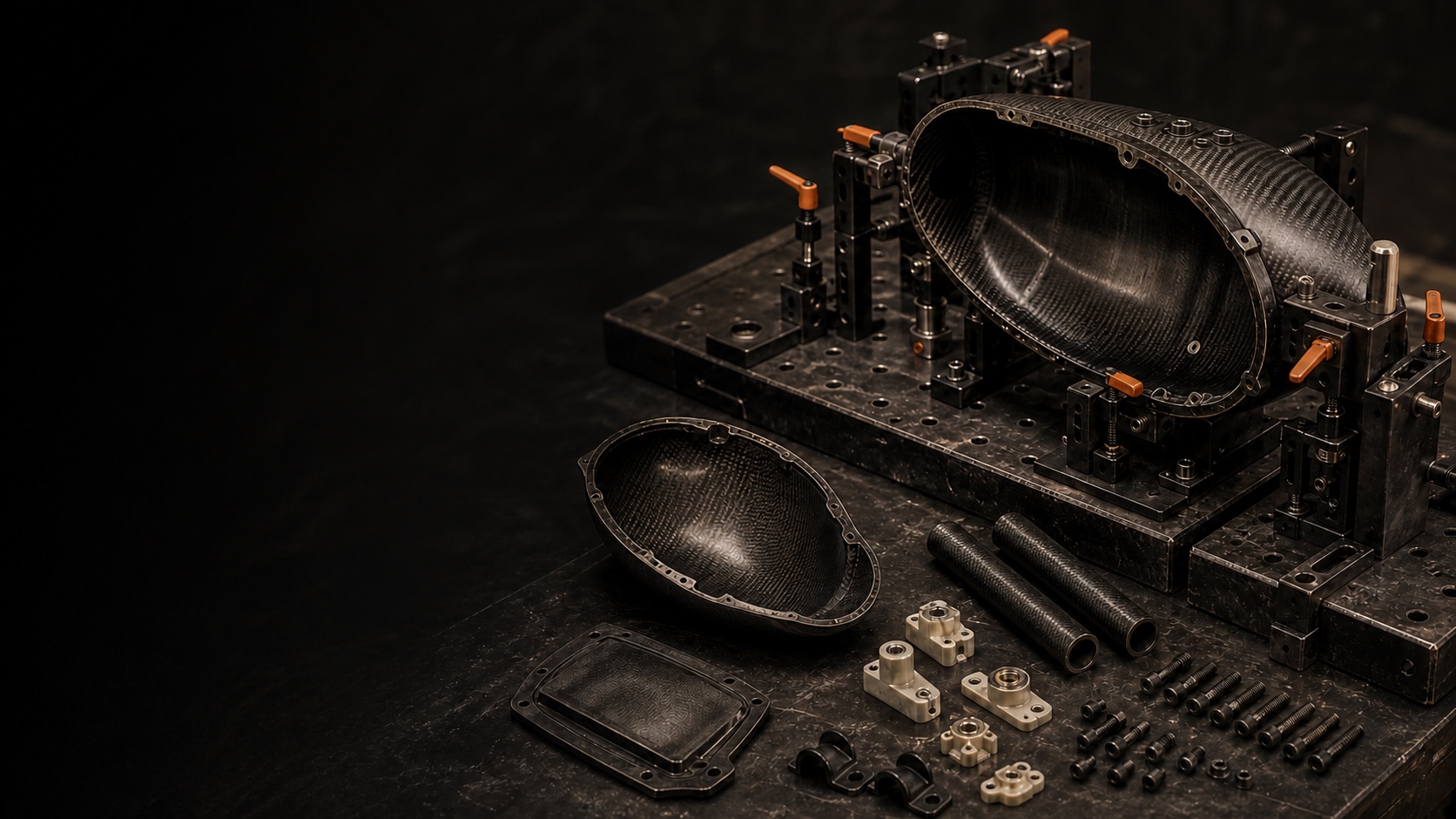 Carbon composite UAV component shells, tubes, polymer mounts, and fasteners arranged around a fixture